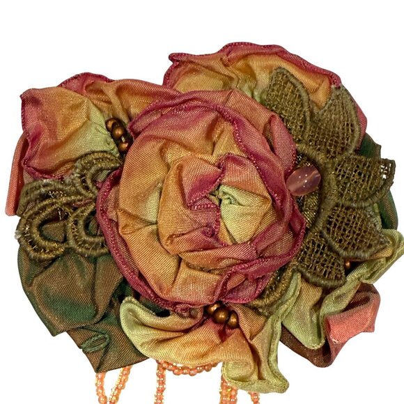 Handcrafted Beverly Gayle Floral Brooch Pin With Beaded Accent - Picture 2 of 7